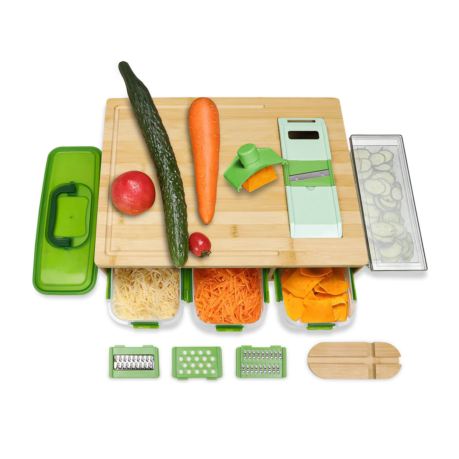 GL-Bamboo Cutting Board with Containers, Locking Lids, and Graters