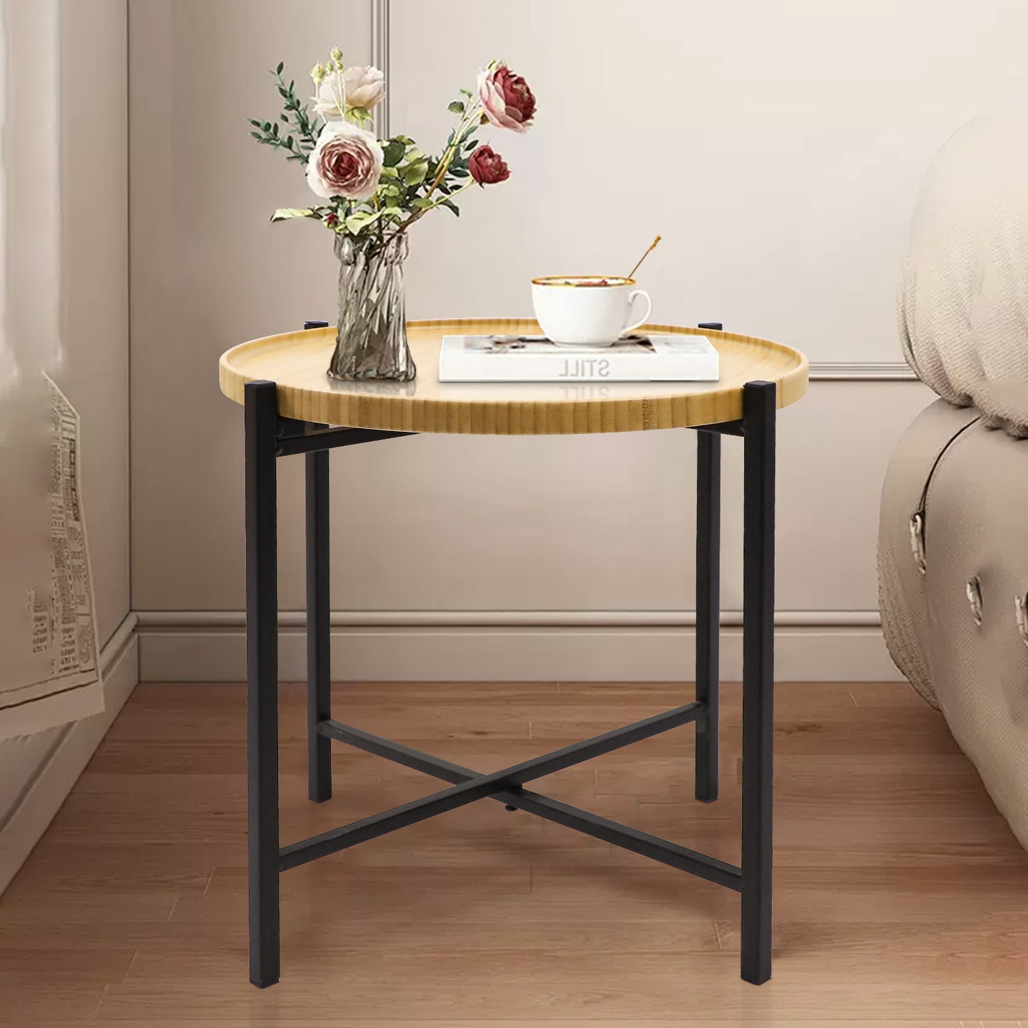 Round Bamboo Coffee Table with Removable Tray