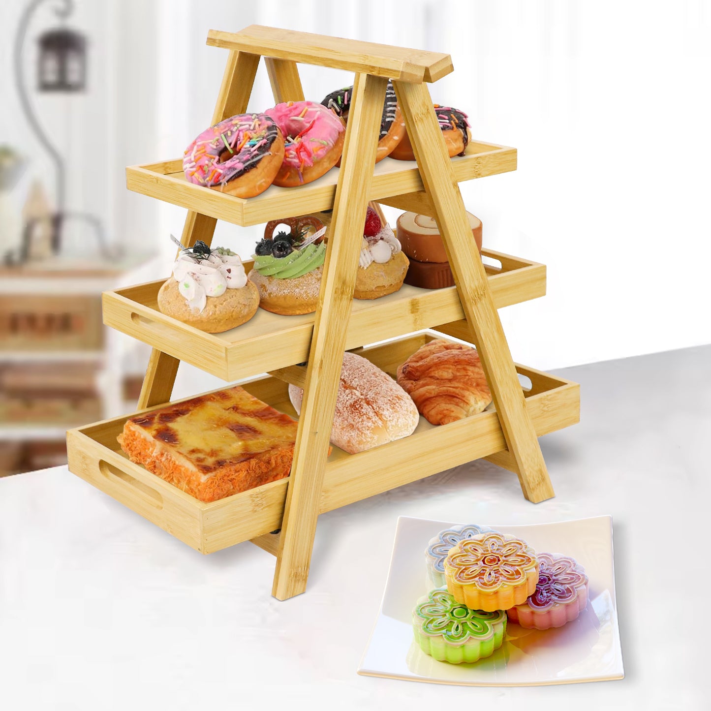 3-Tier Bamboo Display Rack – No Installation Required, Multi-Functional Storage Solution for Fruits, Baked Goods, and More