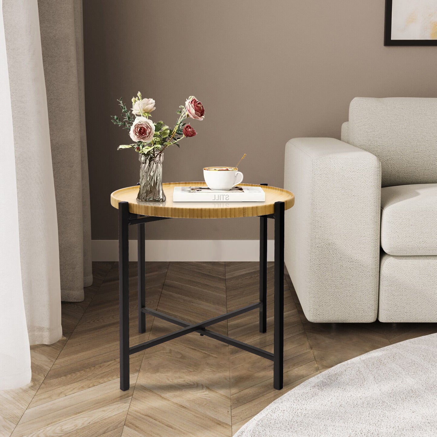 Round Bamboo Coffee Table with Removable Tray