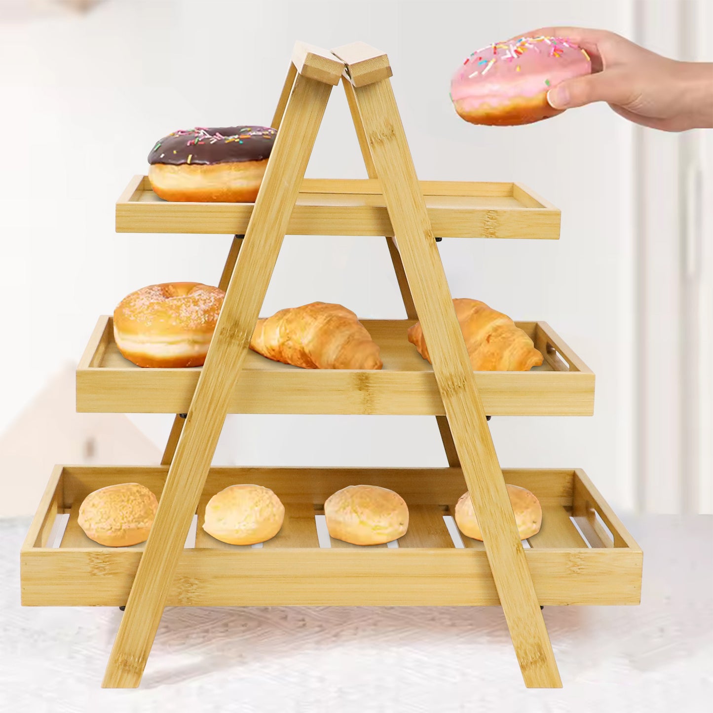 3-Tier Bamboo Display Rack – No Installation Required, Multi-Functional Storage Solution for Fruits, Baked Goods, and More