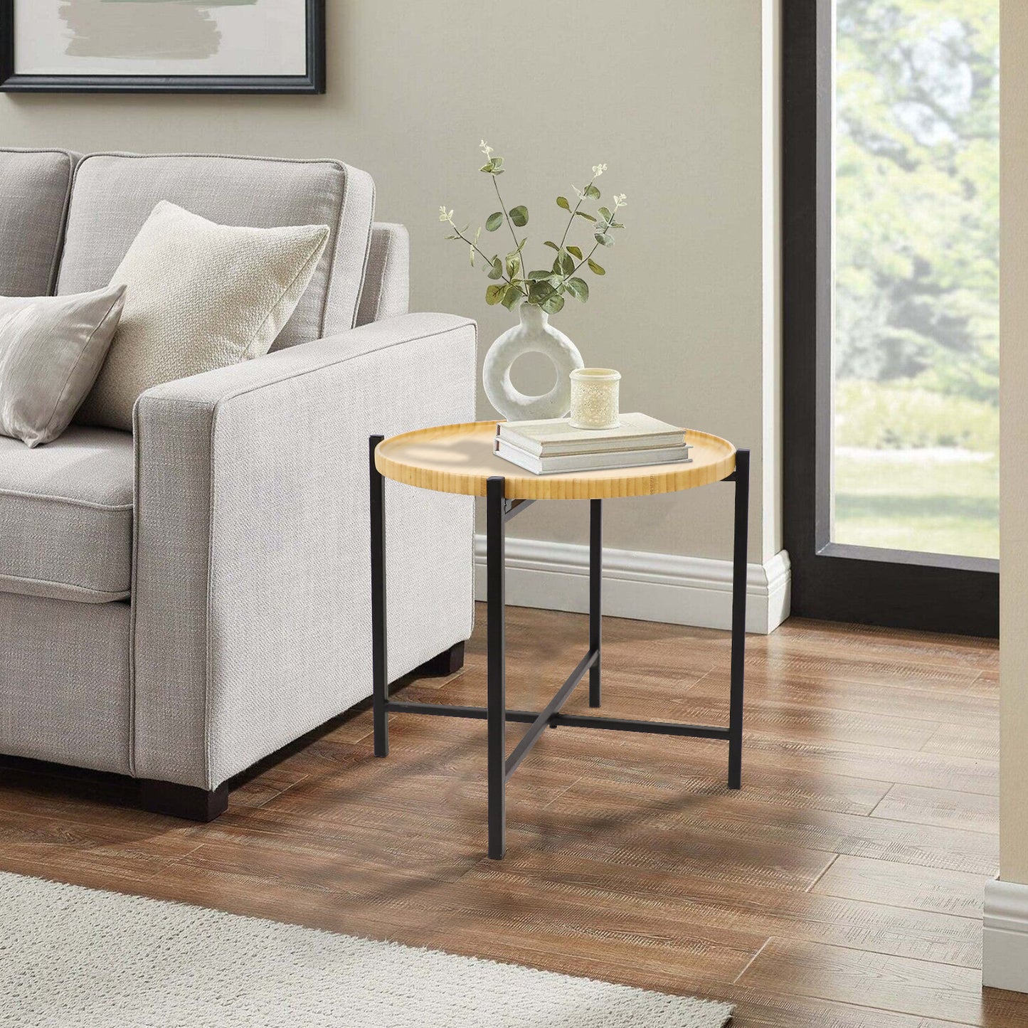 Round Bamboo Coffee Table with Removable Tray