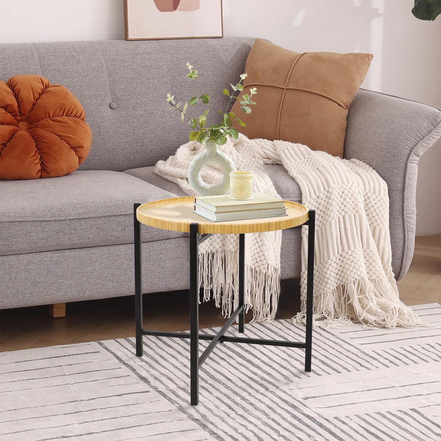 Round Bamboo Coffee Table with Removable Tray