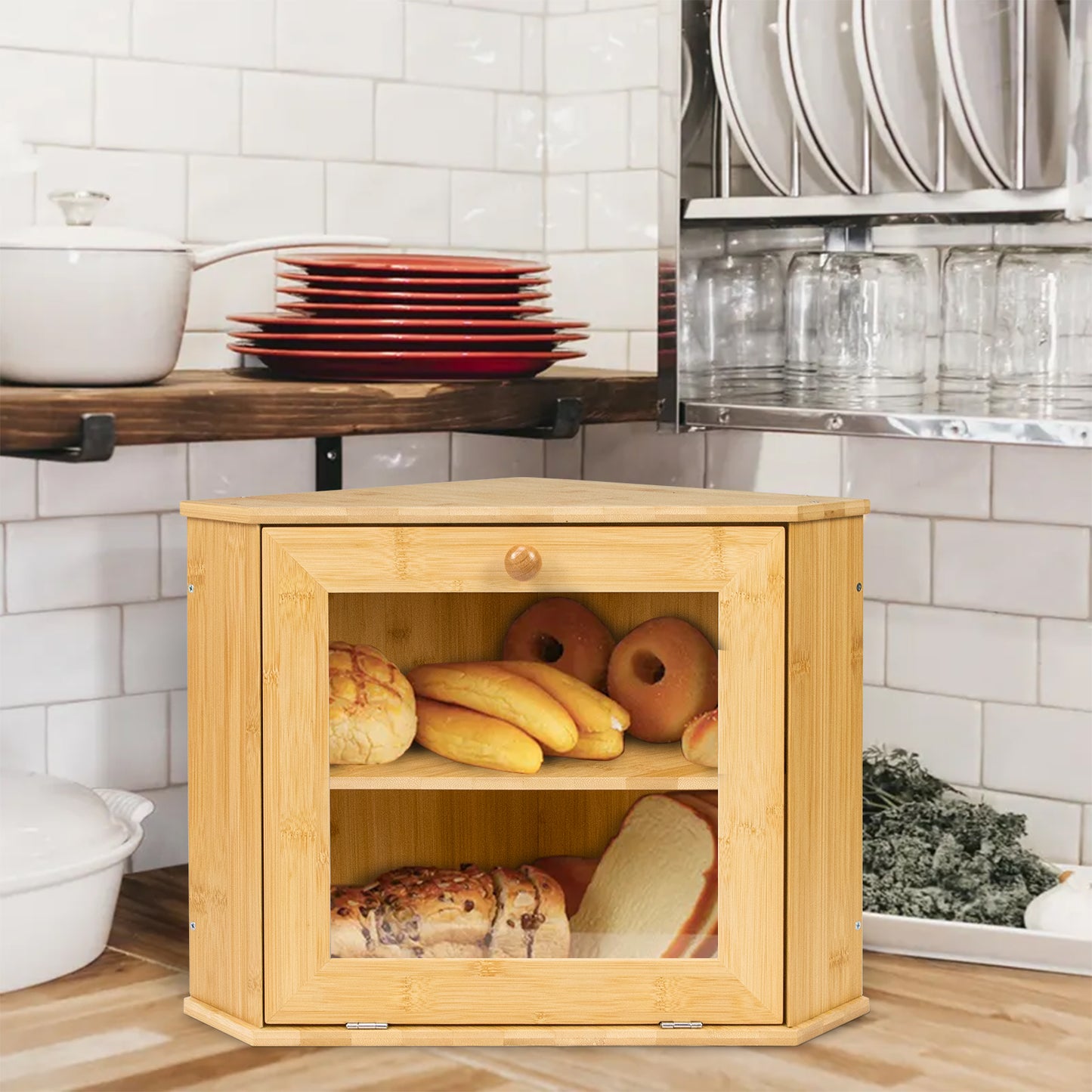 Bamboo Corner Bread Storage Box with Magnetic Door