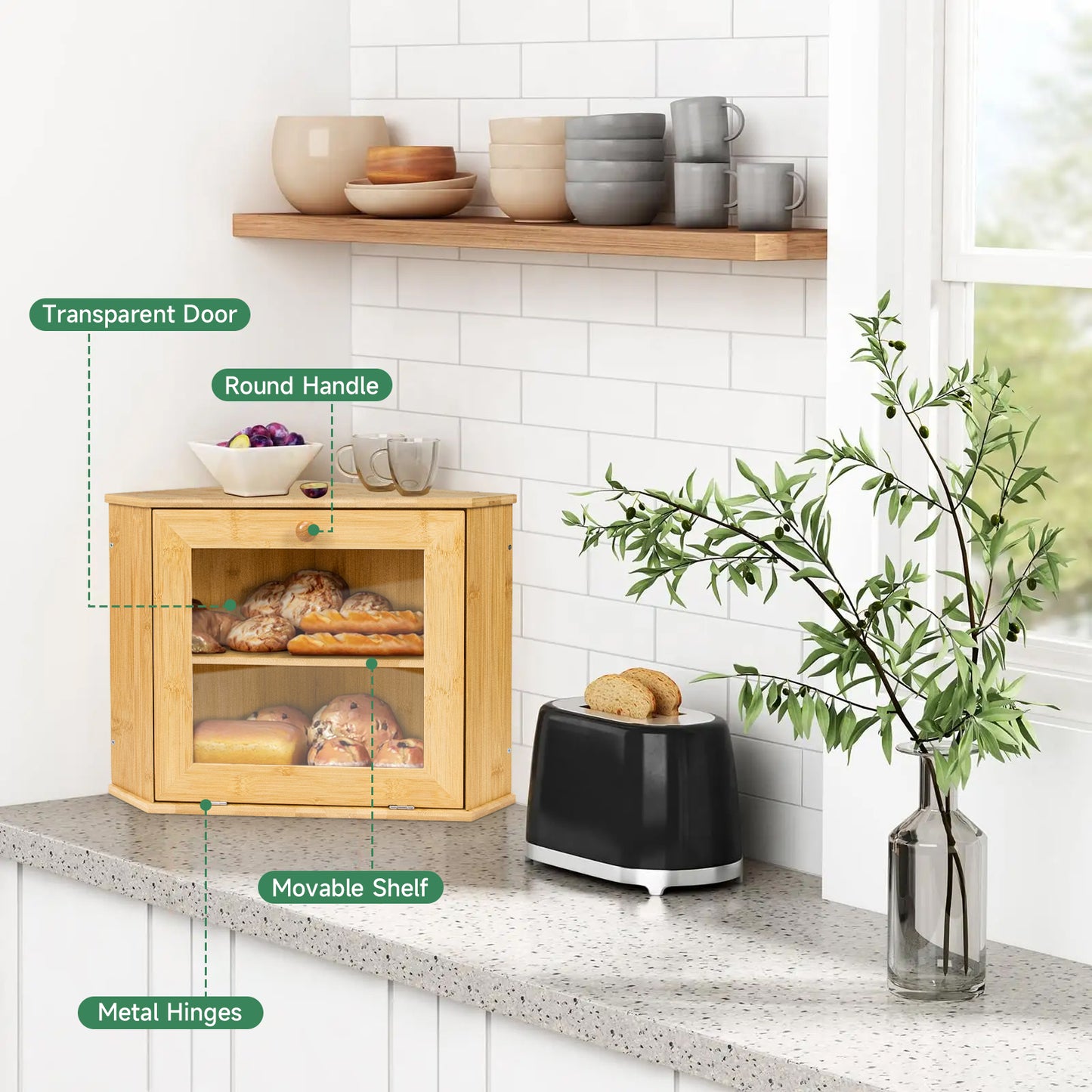 Bamboo Corner Bread Storage Box with Magnetic Door