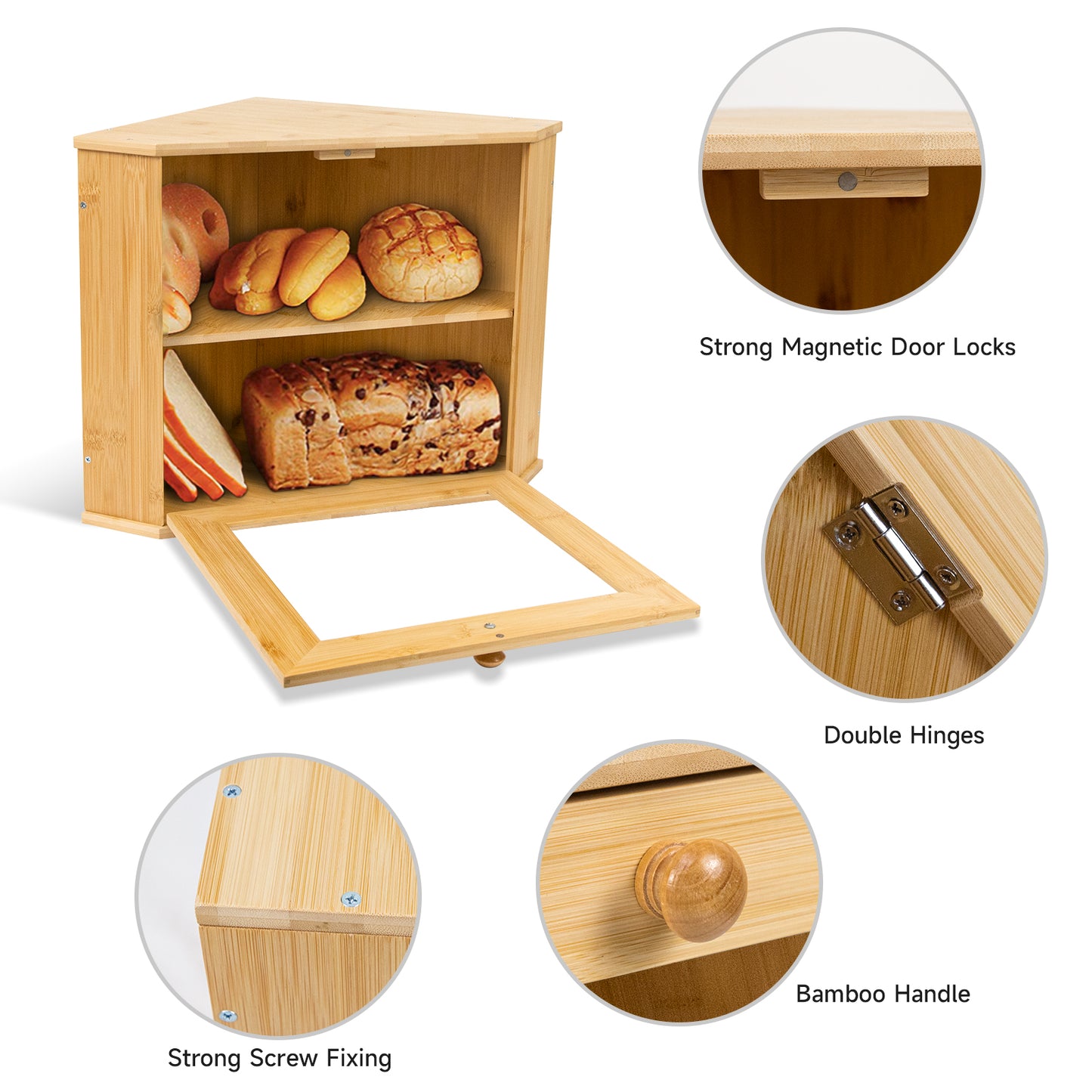 Bamboo Corner Bread Storage Box with Magnetic Door