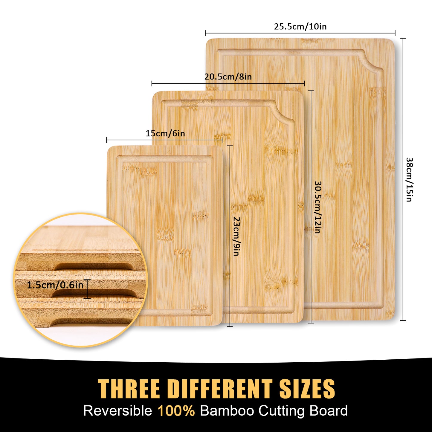 GL - Bamboo cutting board set of 3 with juice groove and handle, custom size, logo