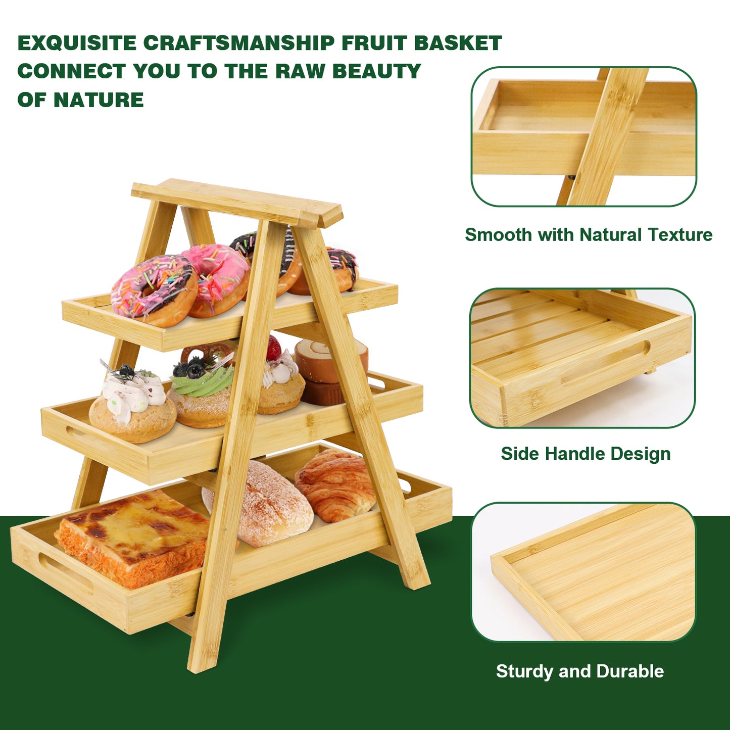 3-Tier Bamboo Display Rack – No Installation Required, Multi-Functional Storage Solution for Fruits, Baked Goods, and More