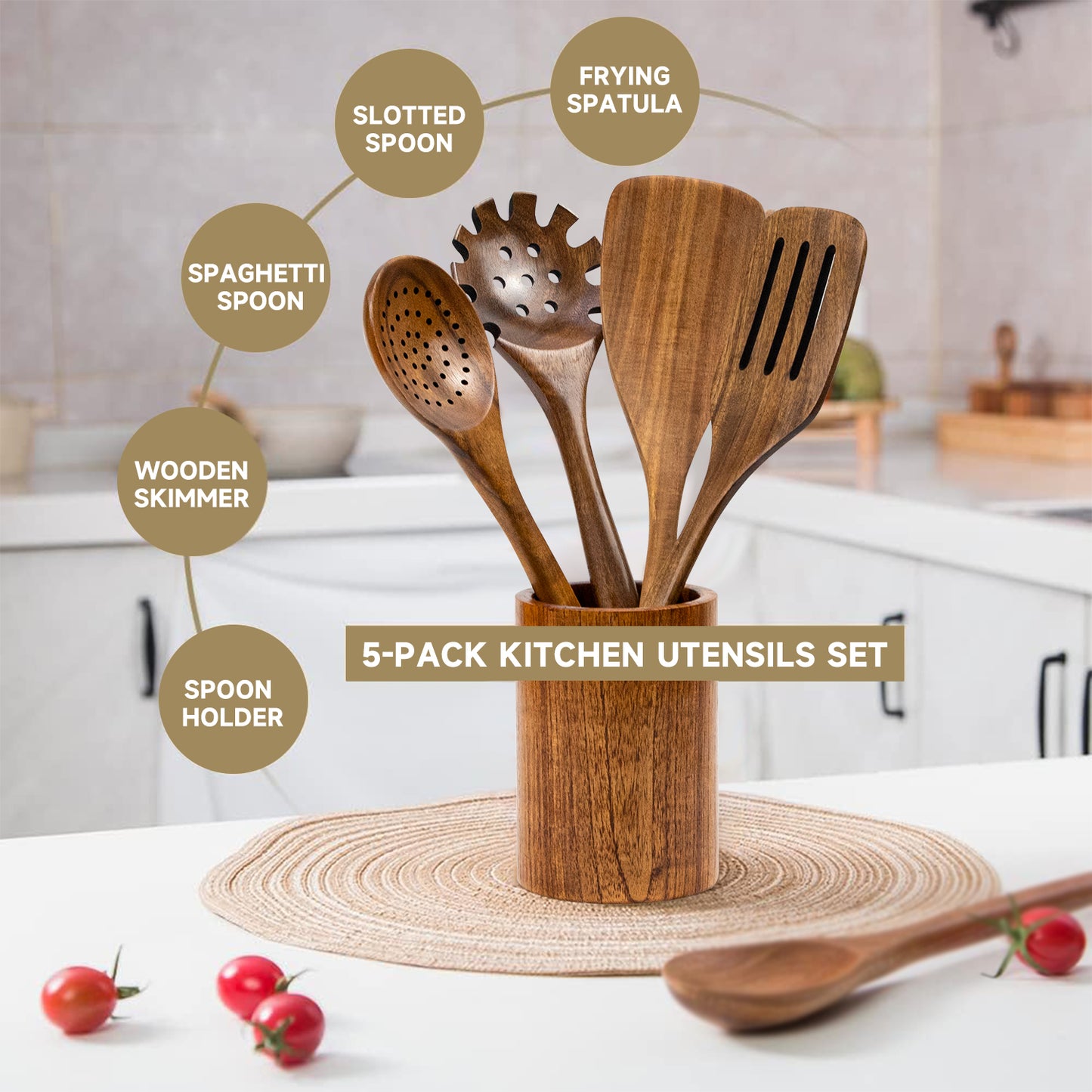 GL--Bamboo Acacia Wood Cooking Spoon Set Wholesale (With Spoon Holder and Cutlery Holder)