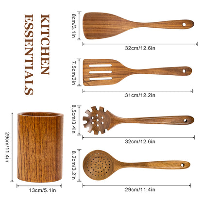 GL--Bamboo Acacia Wood Cooking Spoon Set Wholesale (With Spoon Holder and Cutlery Holder)