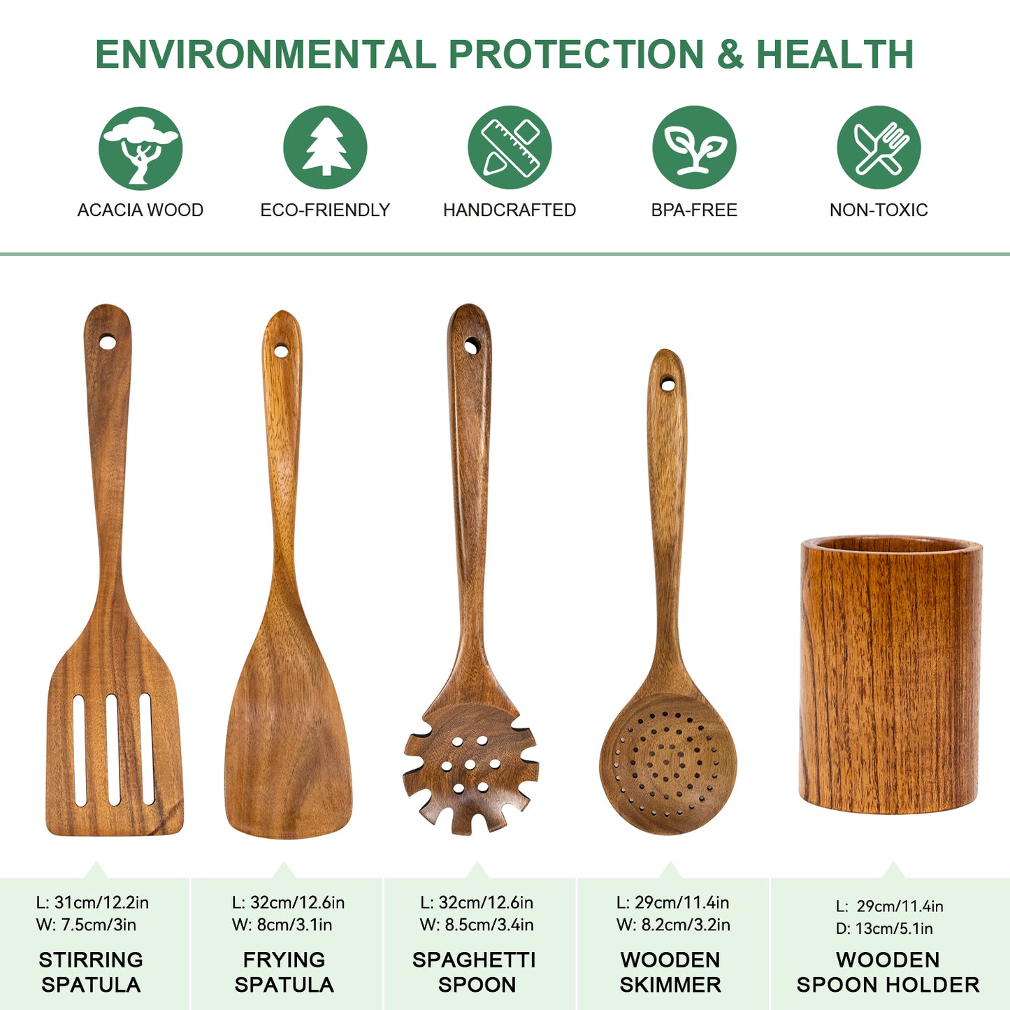 GL--Bamboo Acacia Wood Cooking Spoon Set Wholesale (With Spoon Holder and Cutlery Holder)