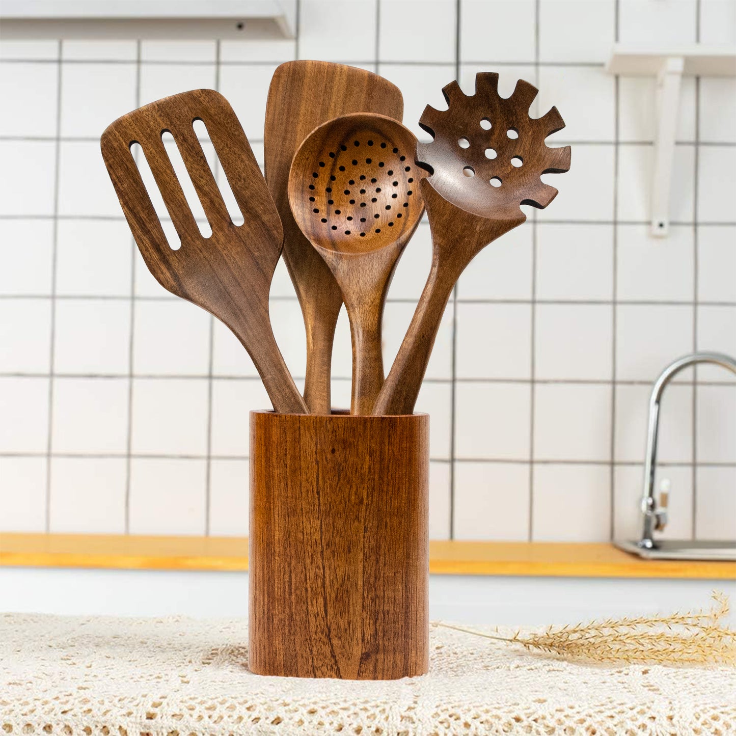 GL--Bamboo Acacia Wood Cooking Spoon Set Wholesale (With Spoon Holder and Cutlery Holder)