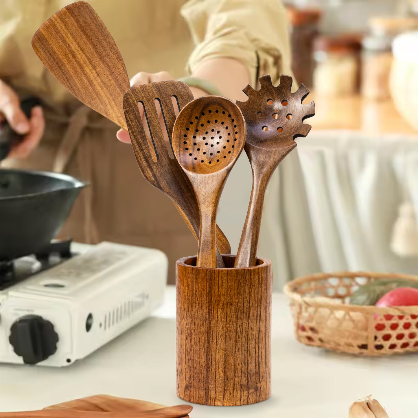 GL--Bamboo Acacia Wood Cooking Spoon Set Wholesale (With Spoon Holder and Cutlery Holder)