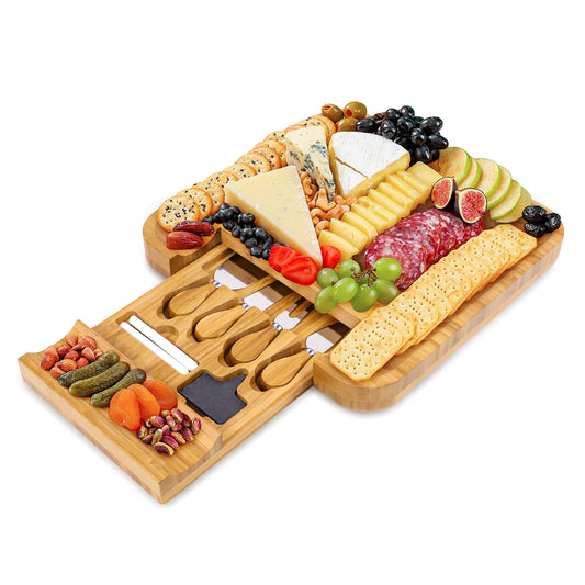 GL-Bamboo 100% Natural Bamboo Cheese Board Set Hidden Drawers Food Serving Charcuterie Board Bamboo Cheese Board With Knife Set