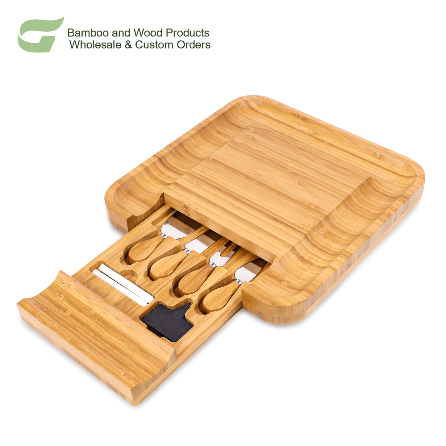 GL-Bamboo 100% Natural Bamboo Cheese Board Set Hidden Drawers Food Serving Charcuterie Board Bamboo Cheese Board With Knife Set