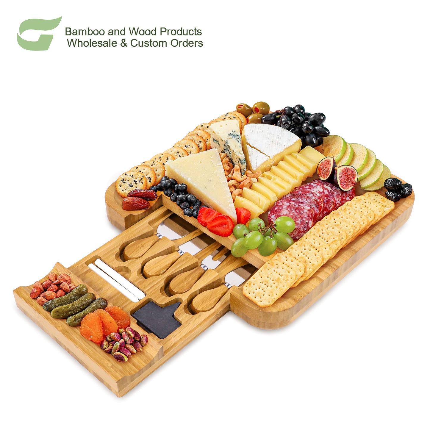 GL-Bamboo 100% Natural Bamboo Cheese Board Set Hidden Drawers Food Serving Charcuterie Board Bamboo Cheese Board With Knife Set