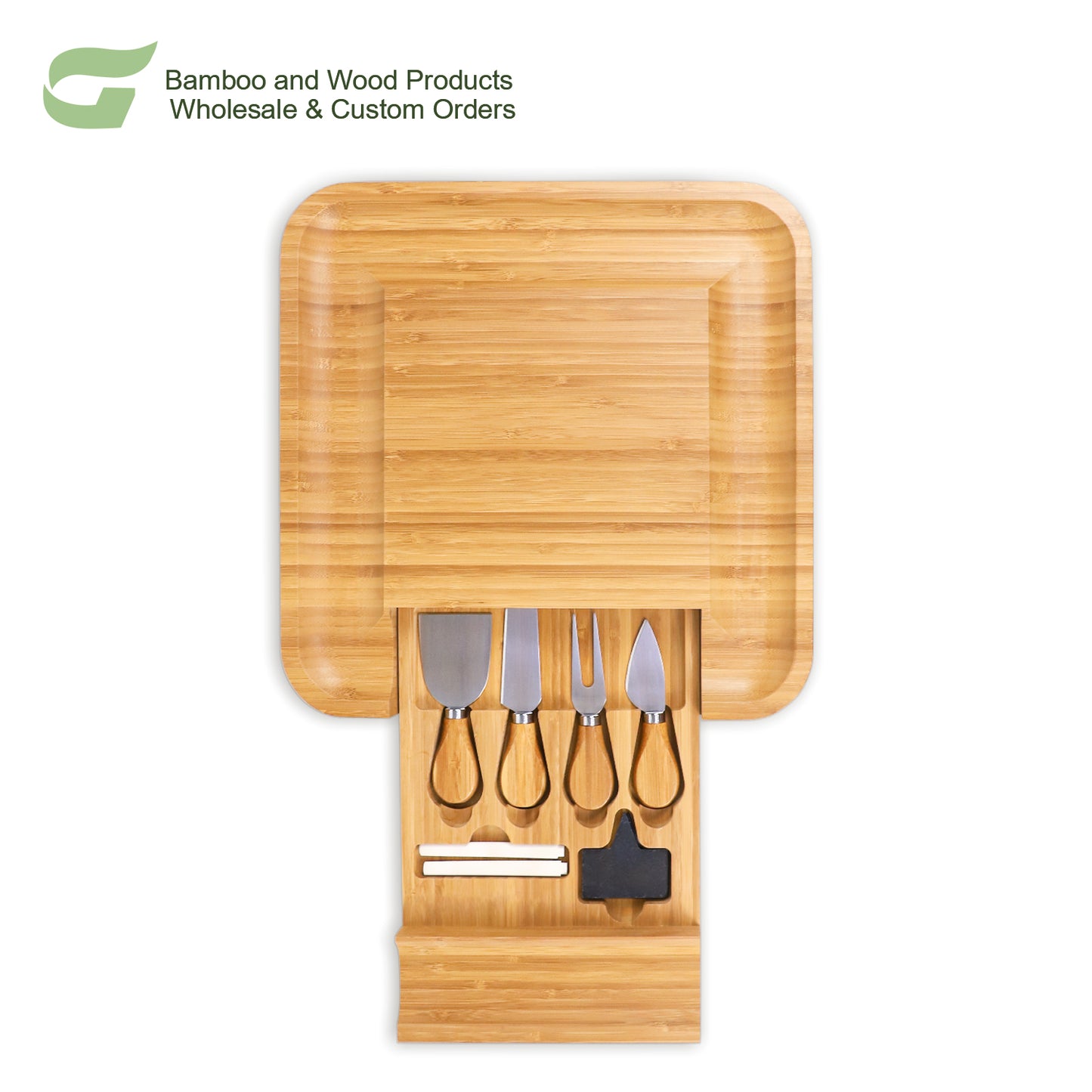 GL-- 100% Bamboo Natural Bamboo Cheese Board Set Hidden Drawer Charcuterie Board Bamboo Cheese Board with Knife Set