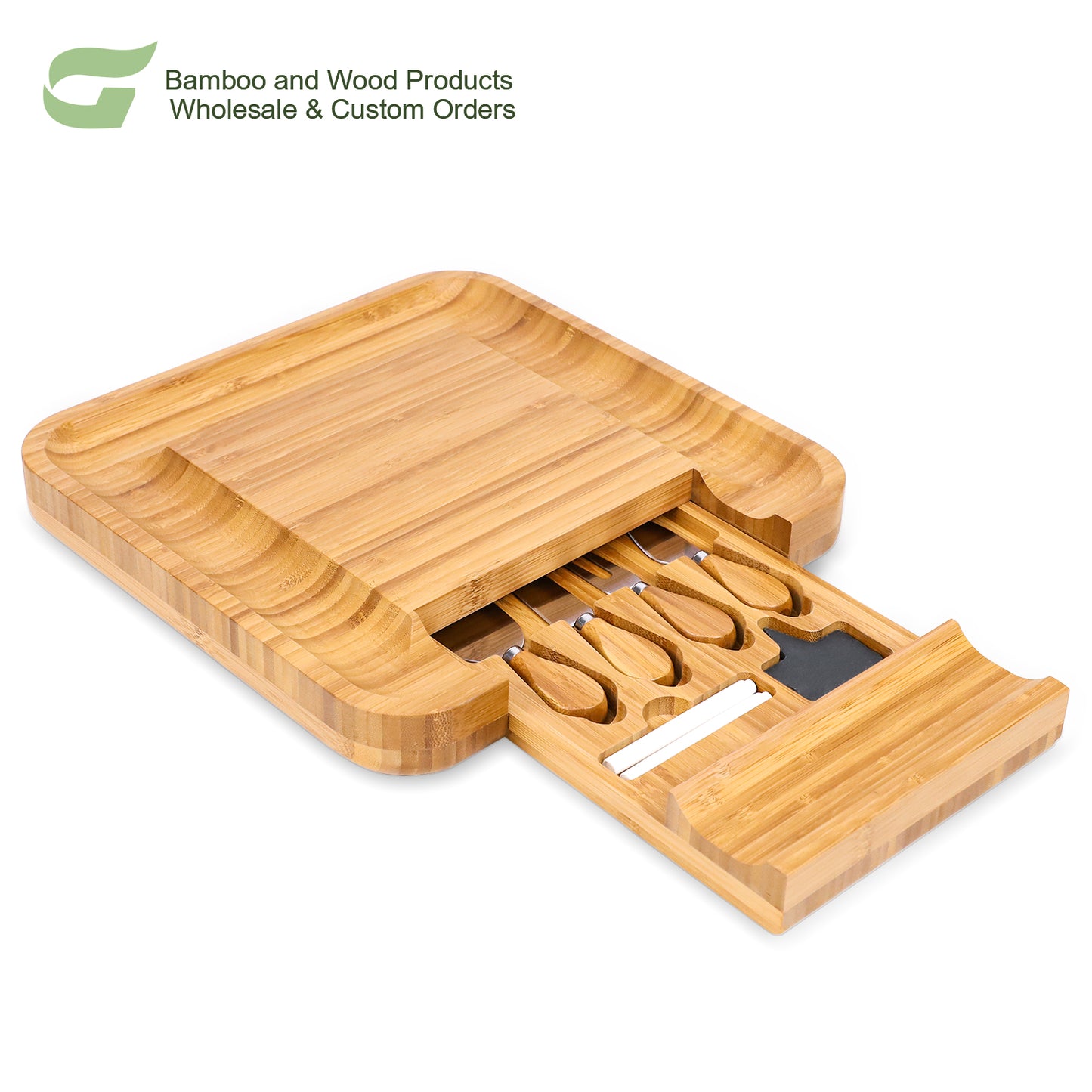 GL-Bamboo 100% Natural Bamboo Cheese Board Set Hidden Drawers Food Serving Charcuterie Board Bamboo Cheese Board With Knife Set