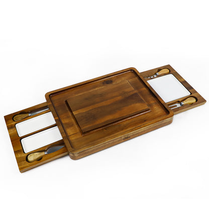 GL- Bamboo Acacia Cheese Board Set Charcuterie Cheese Board and Platter Set with Knives and 3 Ceramic Dishes