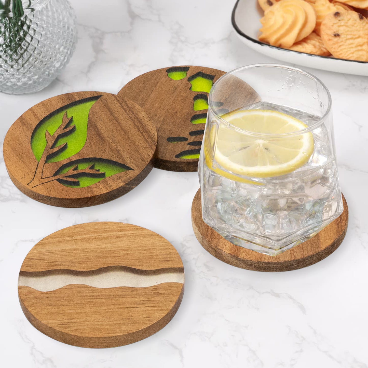 GL Wholesale production wood and marble coaster for drink coffee and tea wood and marble cup coaster for your bussiness