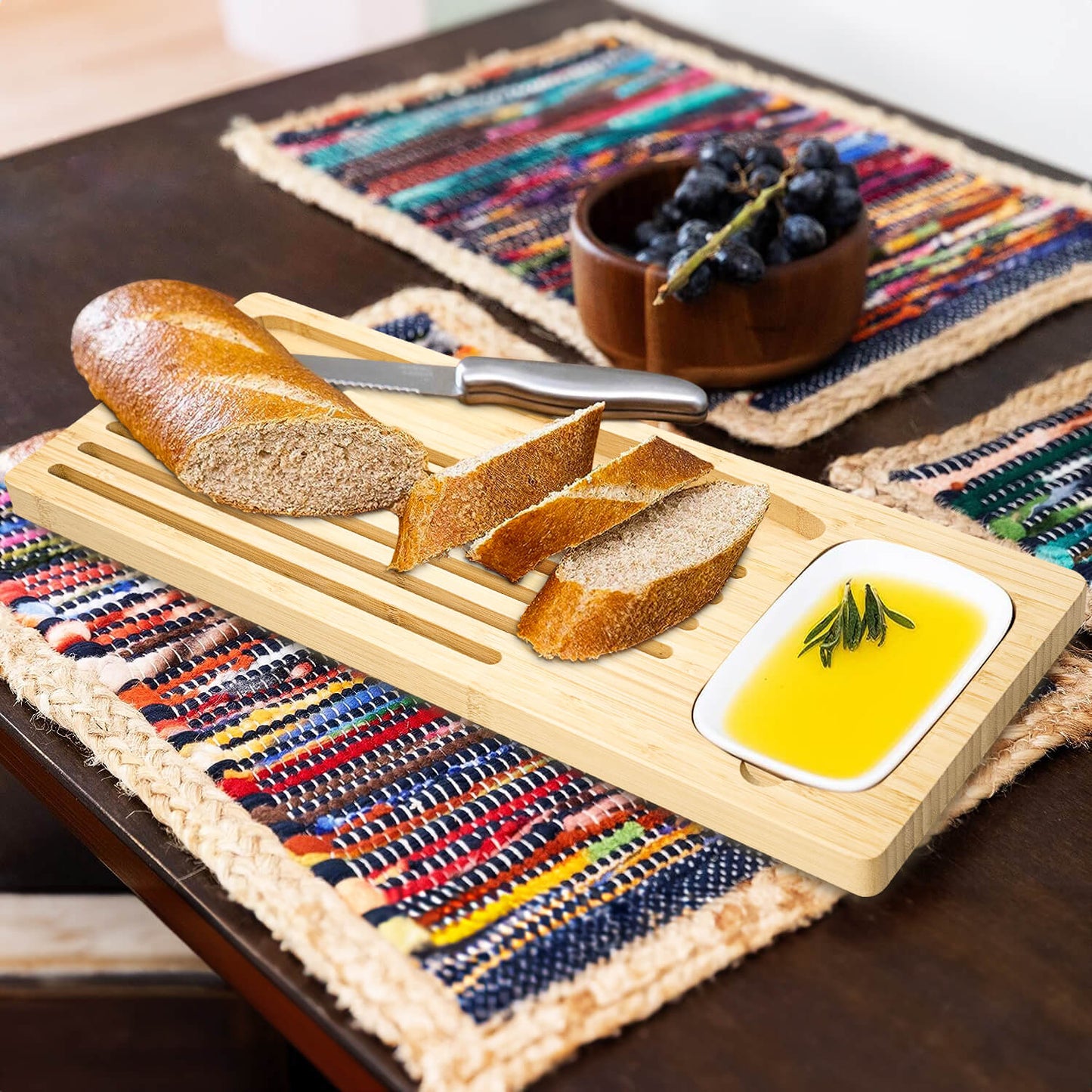 GL-Bamboo Bread Cutting Board with Crumb Catcher, Knife and Dipping Dish