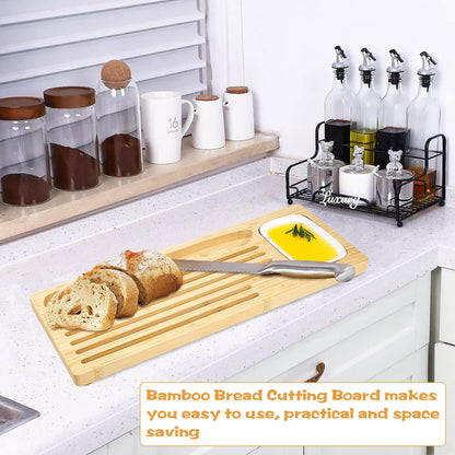 GL-Bamboo Bread Cutting Board with Crumb Catcher, Knife and Dipping Dish