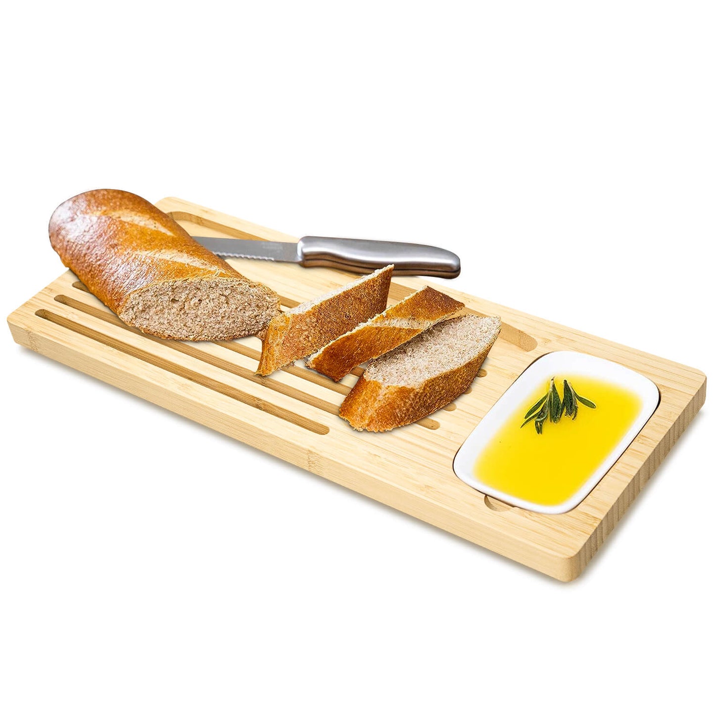 GL-Bamboo Bread Cutting Board with Crumb Catcher, Knife and Dipping Dish