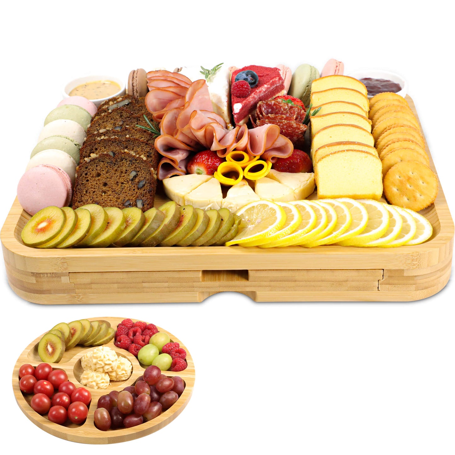 GL-Bamboo Cheese Board Set with 2 Expandable Drawer, Including Fruit Tray