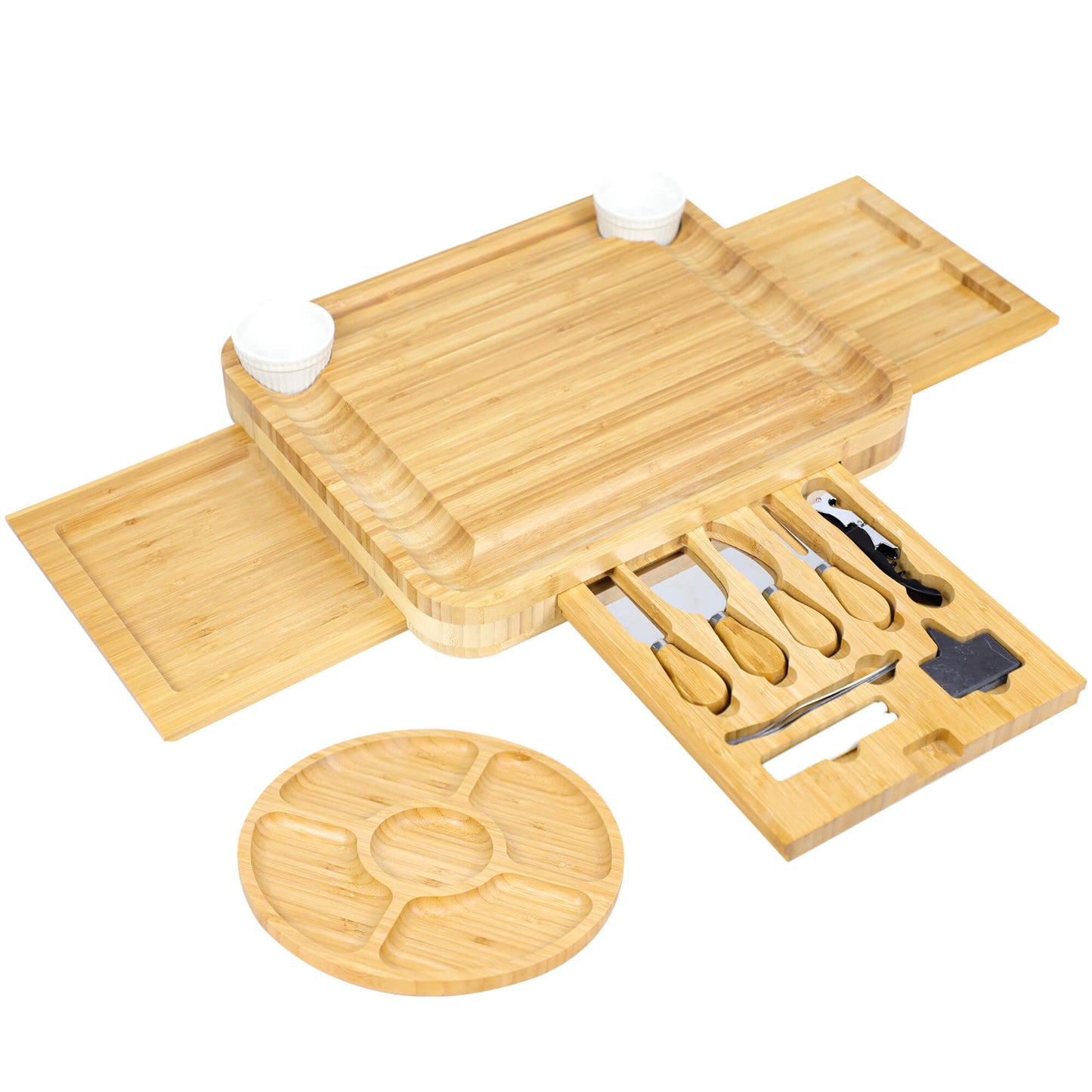 GL-Bamboo Cheese Board Set with 2 Expandable Drawer, Including Fruit Tray