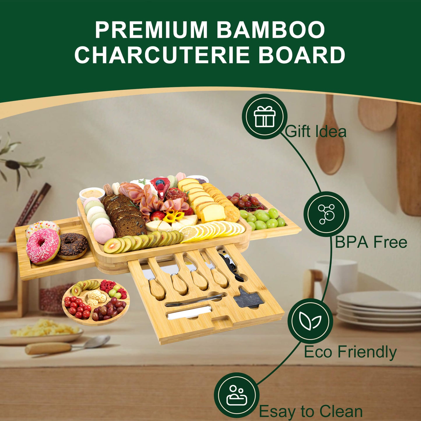 GL-Bamboo Cheese Board Set with 2 Expandable Drawer, Including Fruit Tray