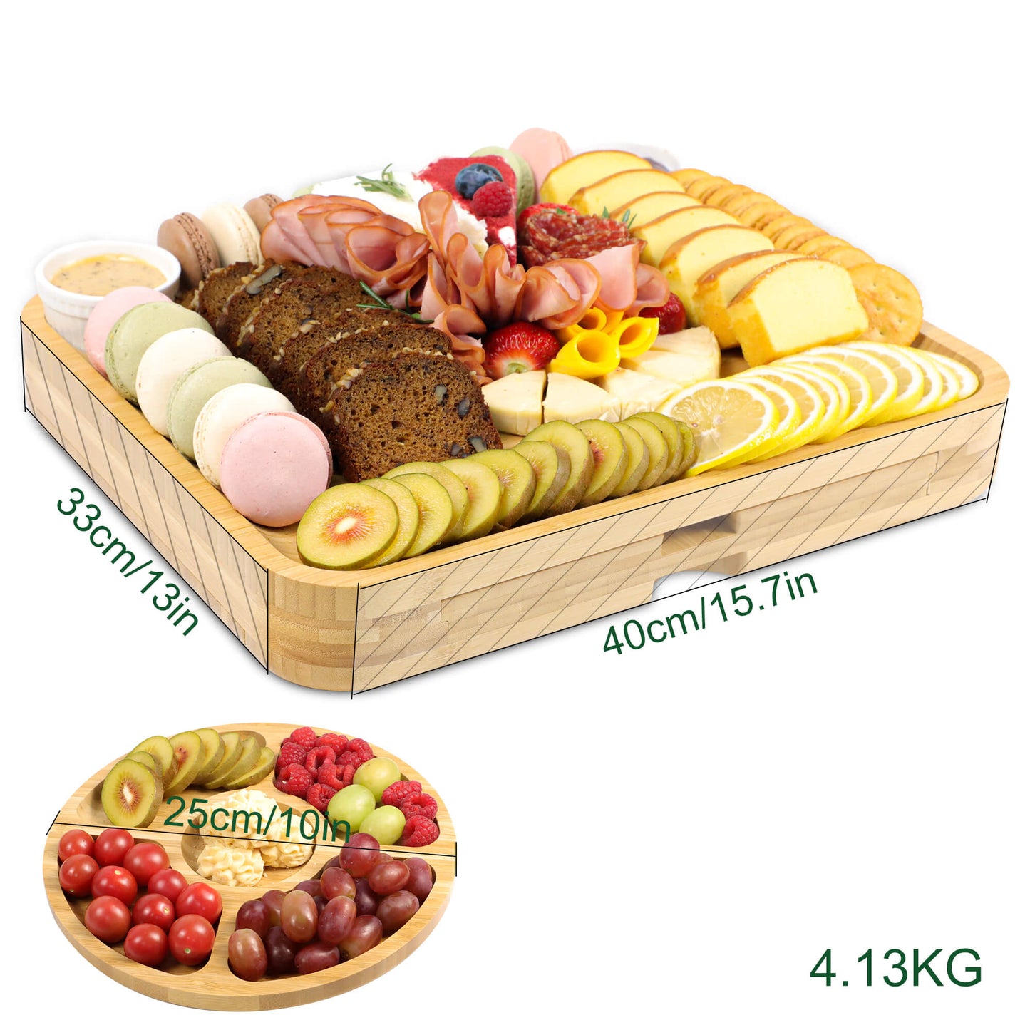 GL-Bamboo Cheese Board Set with 2 Expandable Drawer, Including Fruit Tray