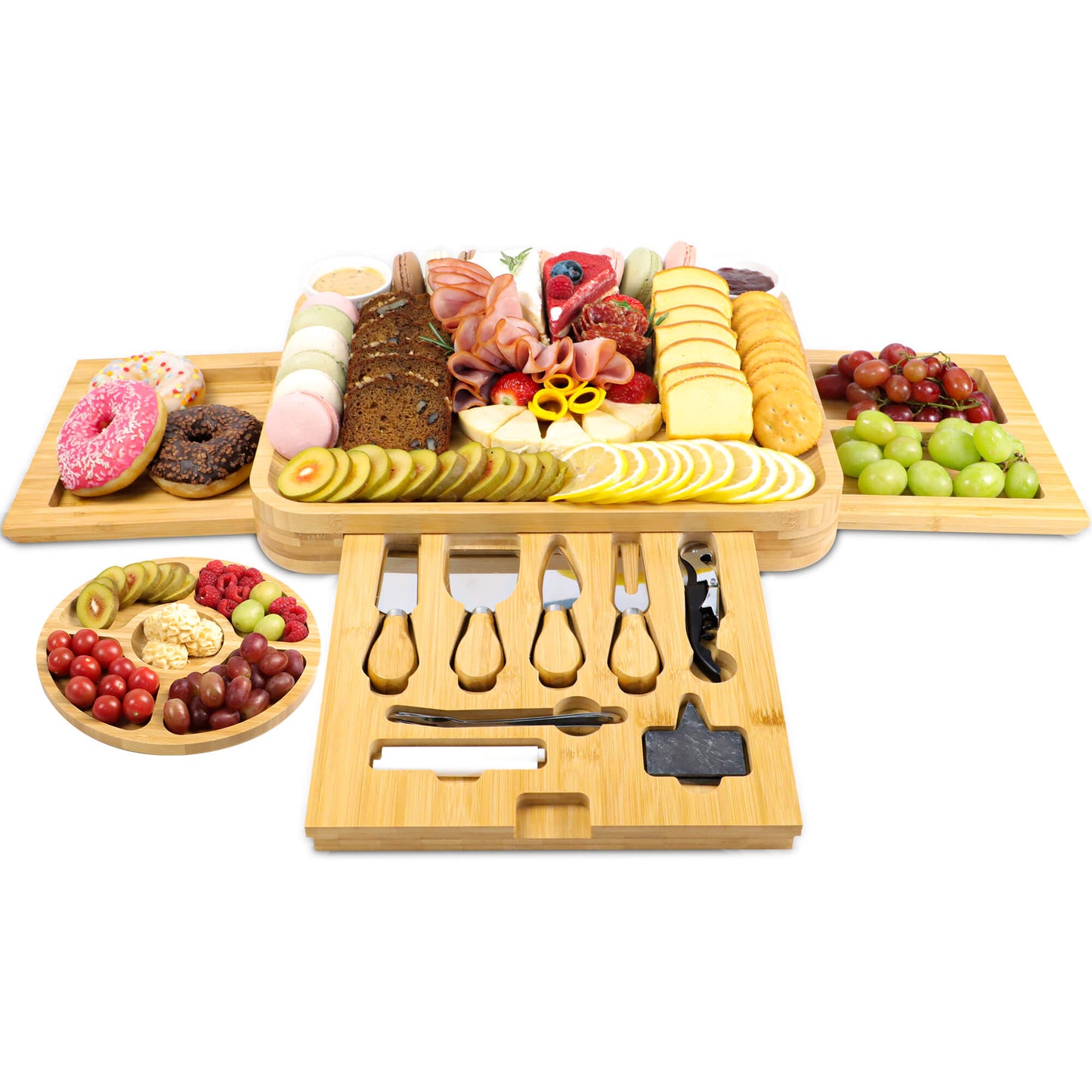 GL-Bamboo Cheese Board Set with 2 Expandable Drawer, Including Fruit Tray