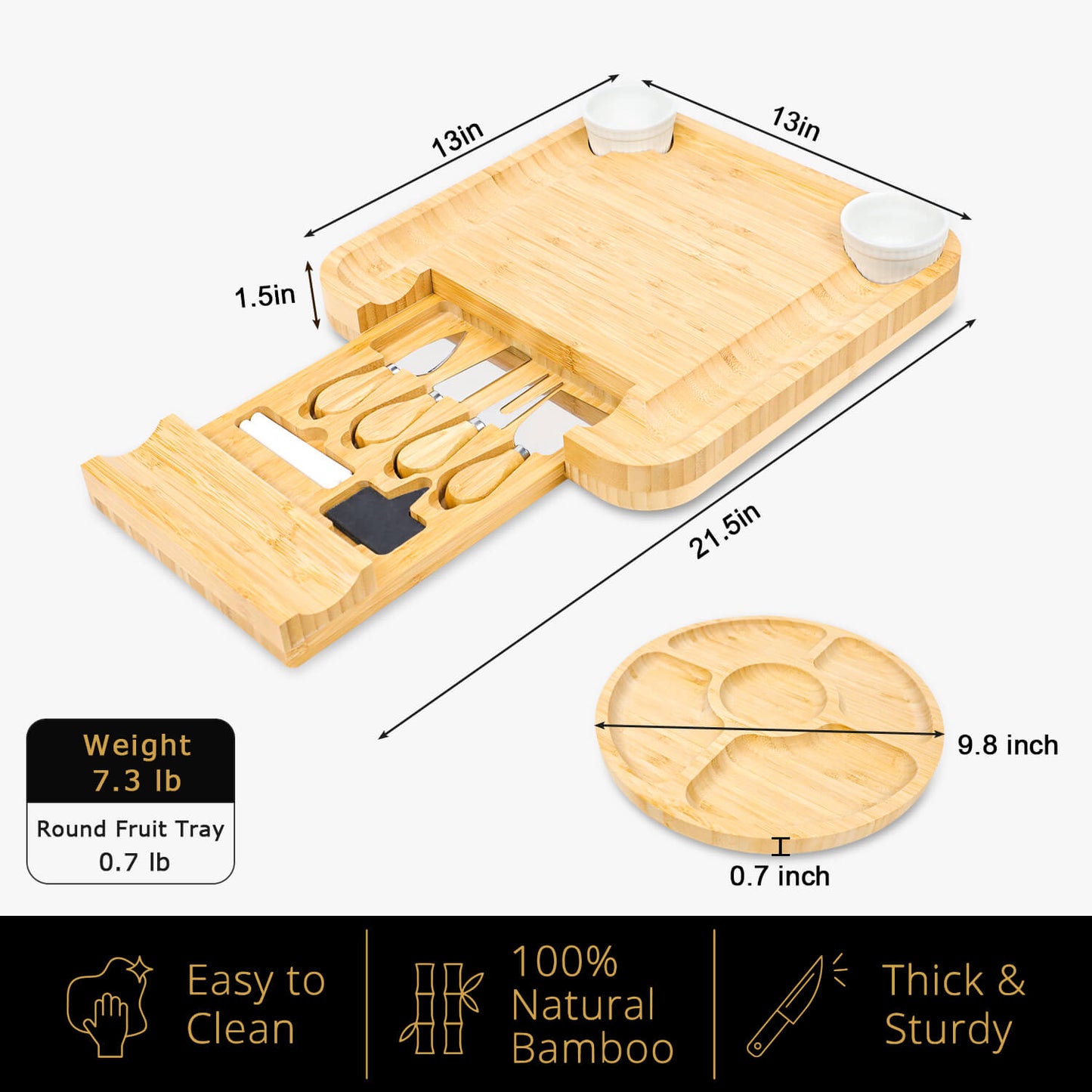 USA In-Stock: GL-Bamboo Cheese Board Set with Drawer, Including Fruit Tray - Free Shipping!