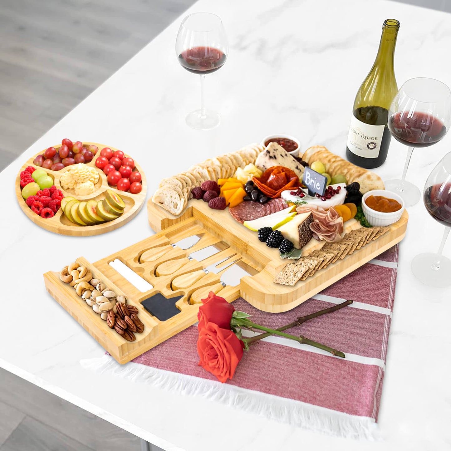 USA In-Stock: GL-Bamboo Cheese Board Set with Drawer, Including Fruit Tray - Free Shipping!