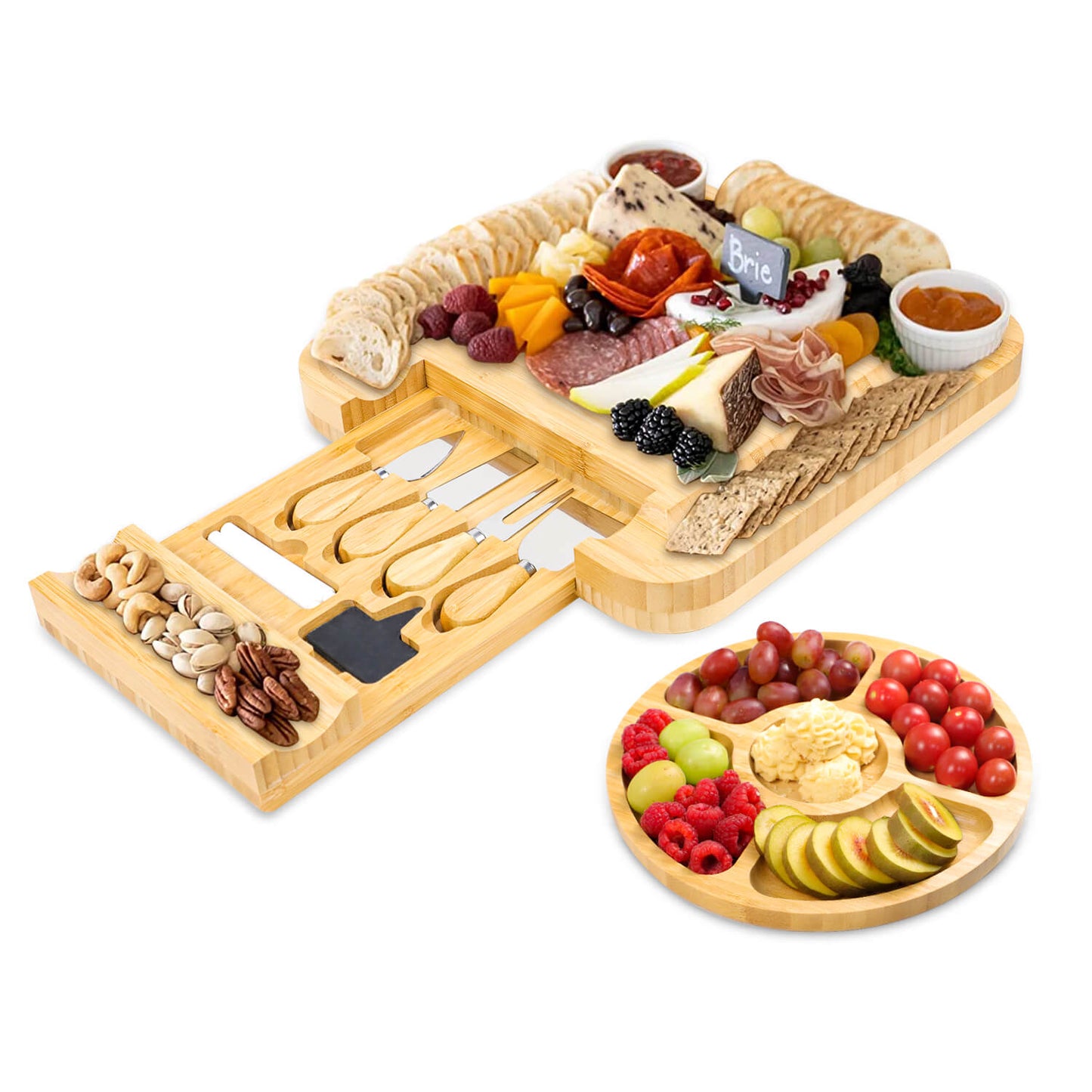 USA In-Stock: GL-Bamboo Cheese Board Set with Drawer, Including Fruit Tray - Free Shipping!