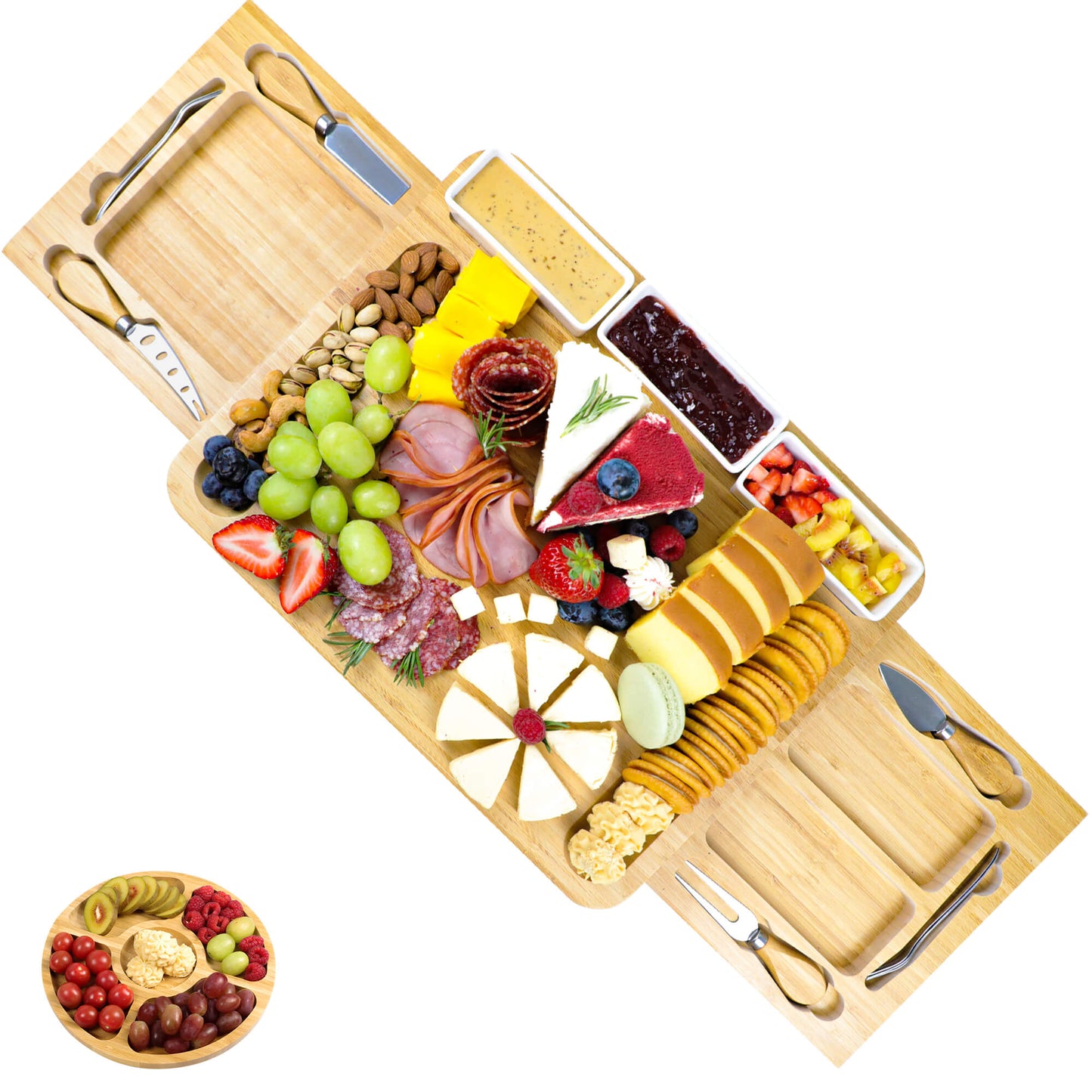 GL-Bamboo Cheese Board Set with Expandable Drawer, Including Fruit Tray