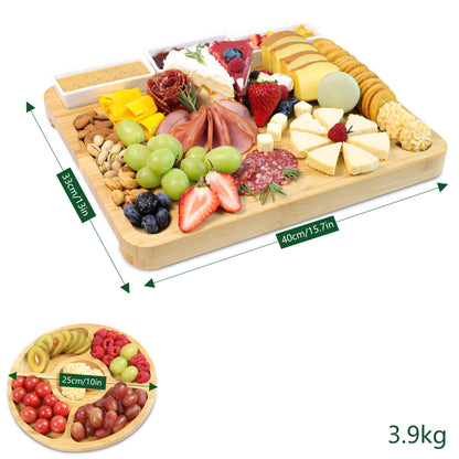 GL-Bamboo Cheese Board Set with Expandable Drawer, Including Fruit Tray