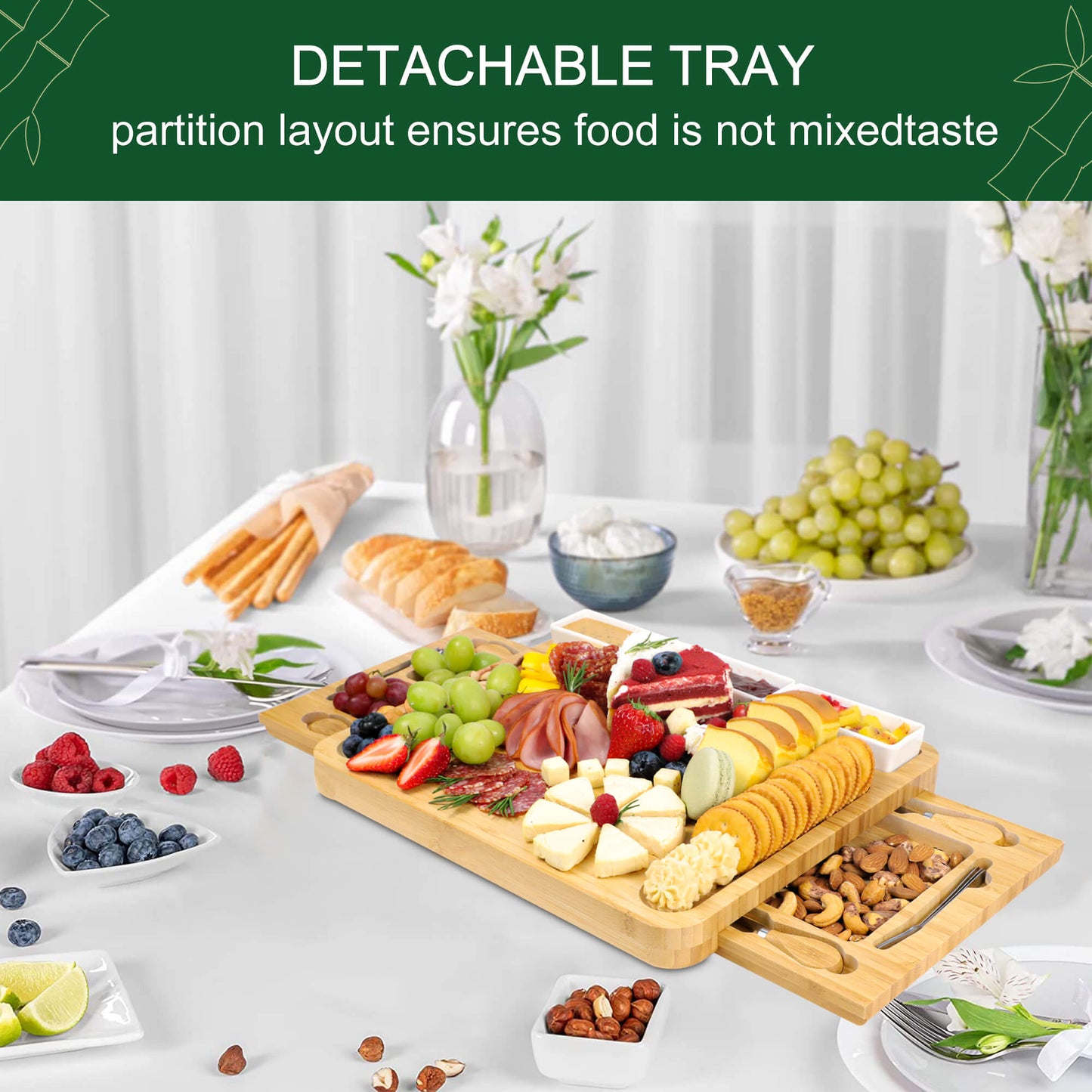 GL-Bamboo Cheese Board Set with Expandable Drawer, Including Fruit Tray