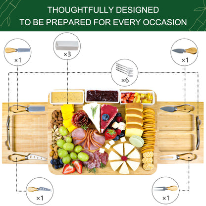 GL-Bamboo Cheese Board Set with Expandable Drawer, Including Fruit Tray