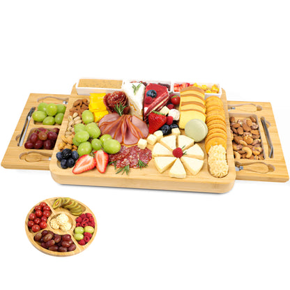 GL-Bamboo Cheese Board Set with Expandable Drawer, Including Fruit Tray