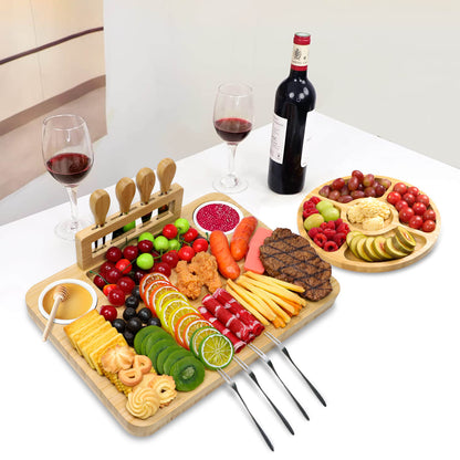 GL-Bamboo Cheese Board Set with Drawer and Magnetic Knife Holder, Including Fruit Tray