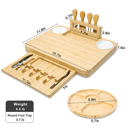 GL-Bamboo Cheese Board Set with Drawer and Magnetic Knife Holder, Including Fruit Tray