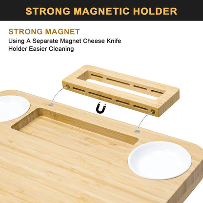 GL-Bamboo Cheese Board Set with Drawer and Magnetic Knife Holder, Including Fruit Tray