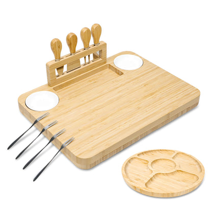 GL-Bamboo Cheese Board Set with Drawer and Magnetic Knife Holder, Including Fruit Tray