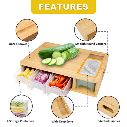 GL-Bamboo Cutting Board with Containers, Lids, and Graters