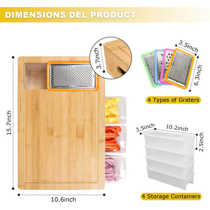 GL-Bamboo Cutting Board with Containers, Lids, and Graters