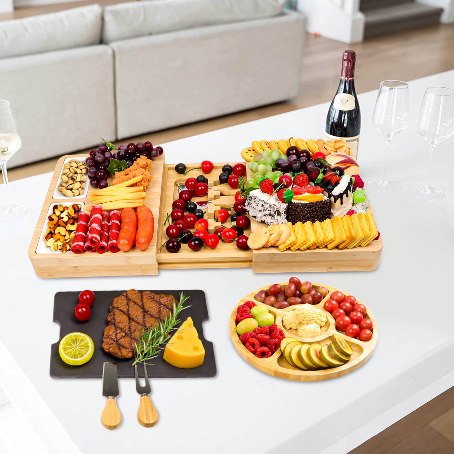 GL-Bamboo Slate Cheese Board Set, Including Fruit Tray