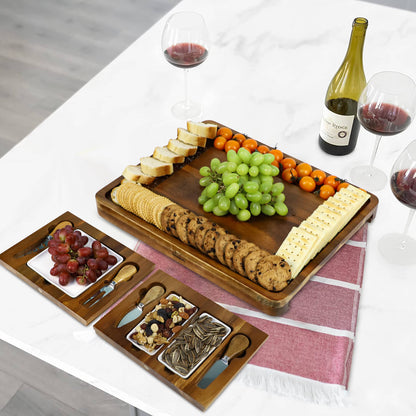 GL- Bamboo Acacia Cheese Board Set Charcuterie Cheese Board and Platter Set with Knives and 3 Ceramic Dishes