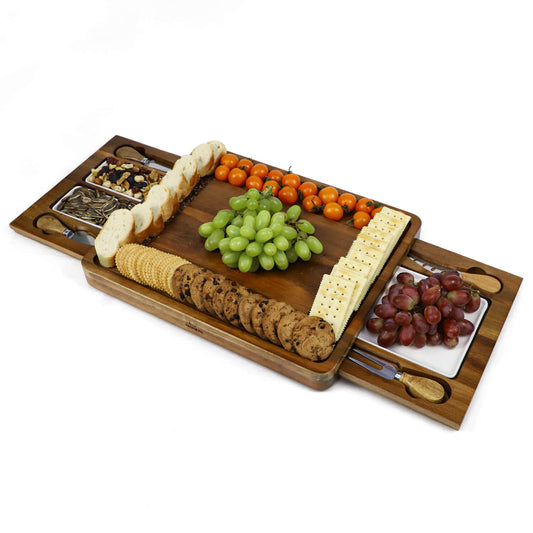GL-Bamboo Acacia Cheese Board Set Charcuterie Cheese Board and Platter Set with Knives and 3 Ceramic Dishes
