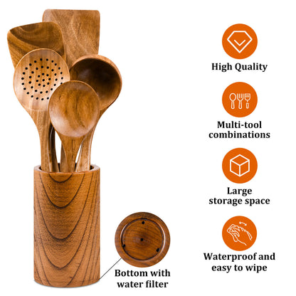 GL-Bamboo Acacia Wood Cooking Spoon Set With Utensils Holder